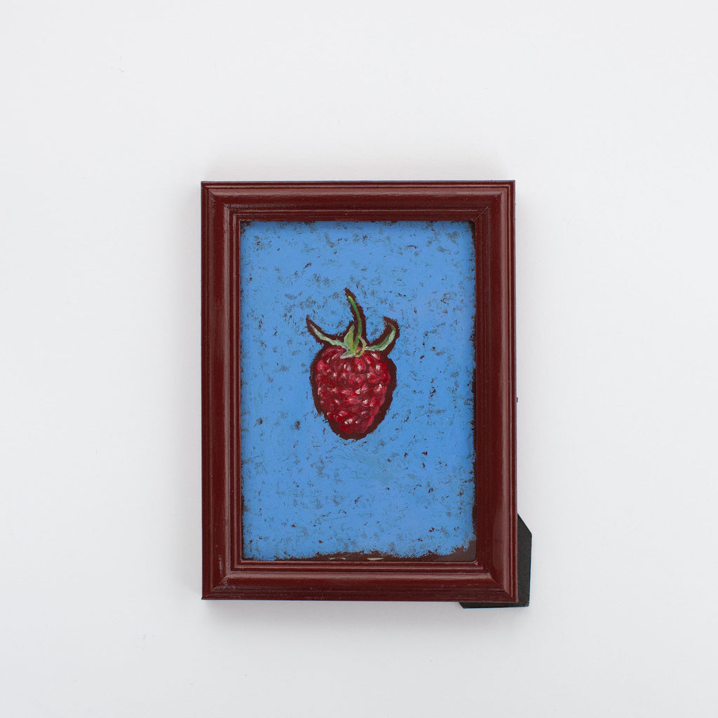 Himbeere auf hellblauem Hintergrund, Original aus Ölpastell.